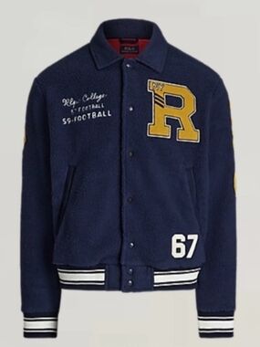 Polo by Ralph Lauren Navy Varsity Fleece Letterman Jacket Large